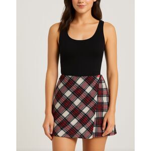 Women’s Plaid Wrap Mini Skirt Red Black White Tartan Check Preppy Schoolgirl
